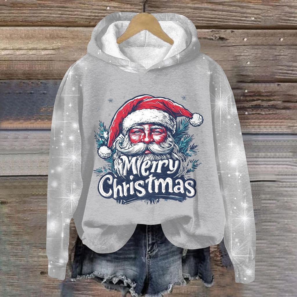 Women's Fashion Pullover Plunging Sleeve Christmas Printed Hooded Sweatshirt