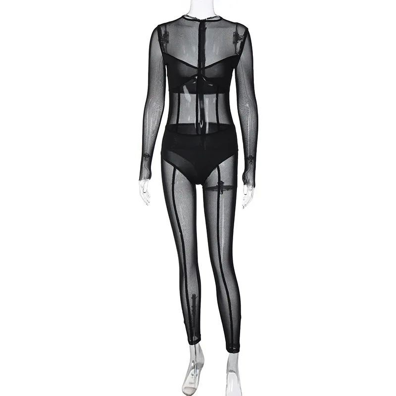 See-through Long Sleeve Mesh Rompers Sexy Perspective Long sleeve Mesh One-Piece Trousers