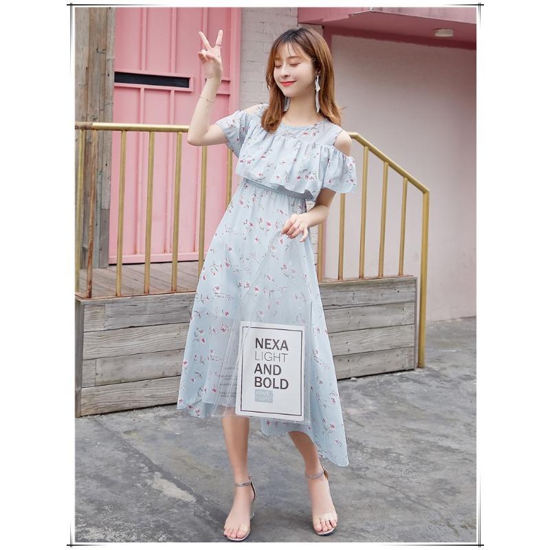 YYFS Women's Fashion Summer Spring Solid Color Print Short Sleeve O-Neck High Waist Casual Dresses