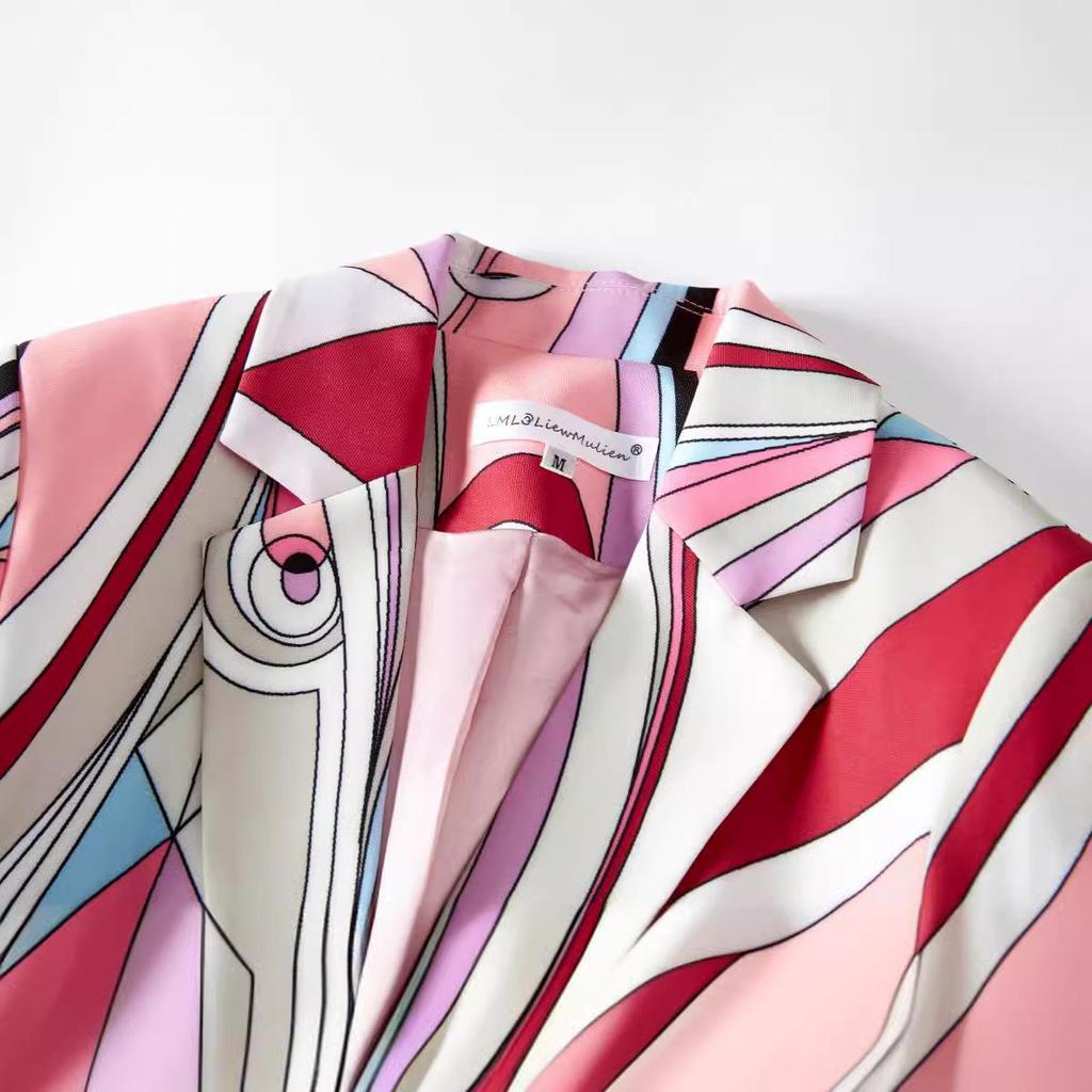 Conjunto de Traje Rosa para Mujer Guoer con Cuello en V, Estampado de Algodón y Botón Único