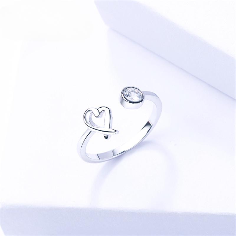 S925 Sterling Silver Heart-Shaped Open Ring Korean Style Sweet Rhinestone Heart-Shaped Female Silver Jewelry