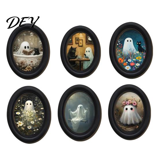Decorative Wall Ornaments for Living Room Halloween Gothic Oval Wooden Hanging Plaque, Vintage Framed Black Cat Little Niche Aesthetic Decor