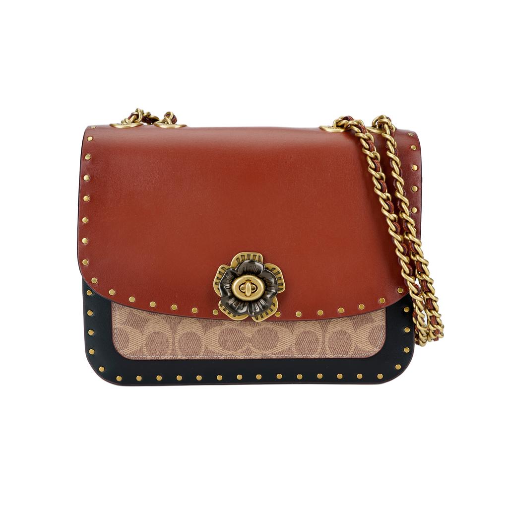 Coach Madison Camellia Metal Buckle Studded Decorated Small Square Bag Women Shoulder Bag Black Multicolor C3758-B4NQ4