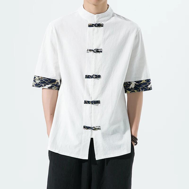 Chinese Style Cotton Linen Shirt Men Retro Casual Print Stitching Short-sleeved Tops Summer Top Quality Men Streetwear