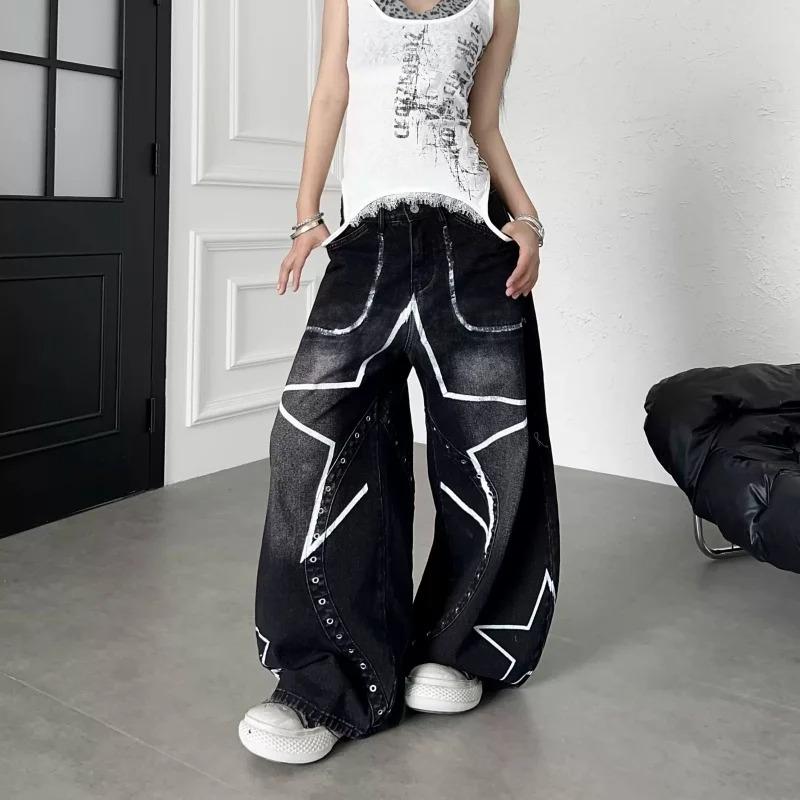 VIONA American Style Street Fashion Star Graffiti Deconstruction Bend Knife Jeans Unisex Niche Rivet Design Washed Wide Leg Pants S