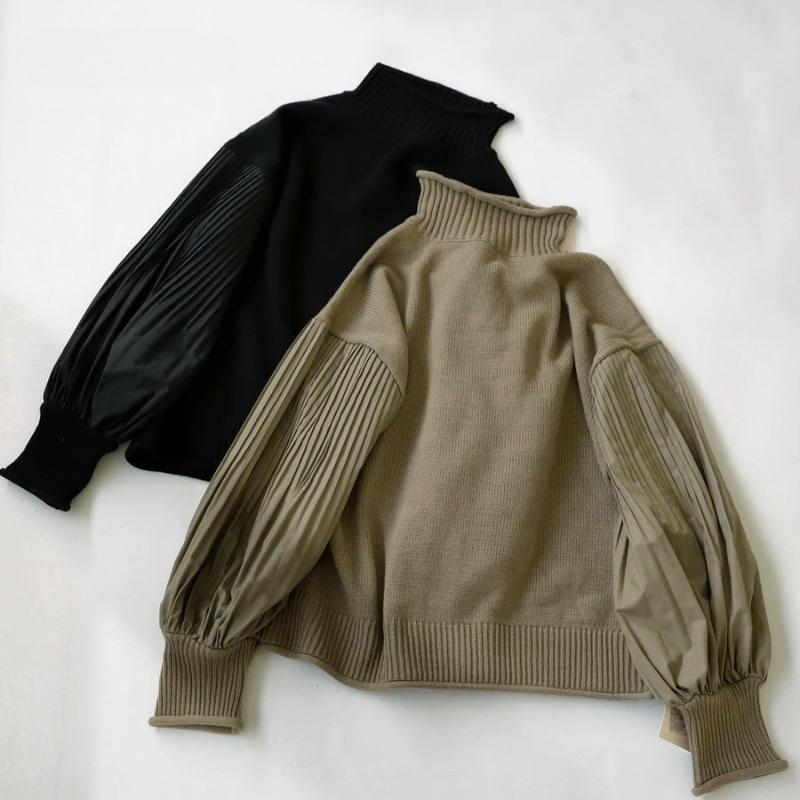 Korean Fashion Autumn Winter Women Stylish Sweater Turtleneck Black Khaki Patchwork Casual Loose Pullover Lantern Sleeve Ladies' Sweater
