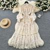 Court style niche high-end lace splicing waist dress female French slim print embroidery fairy dress