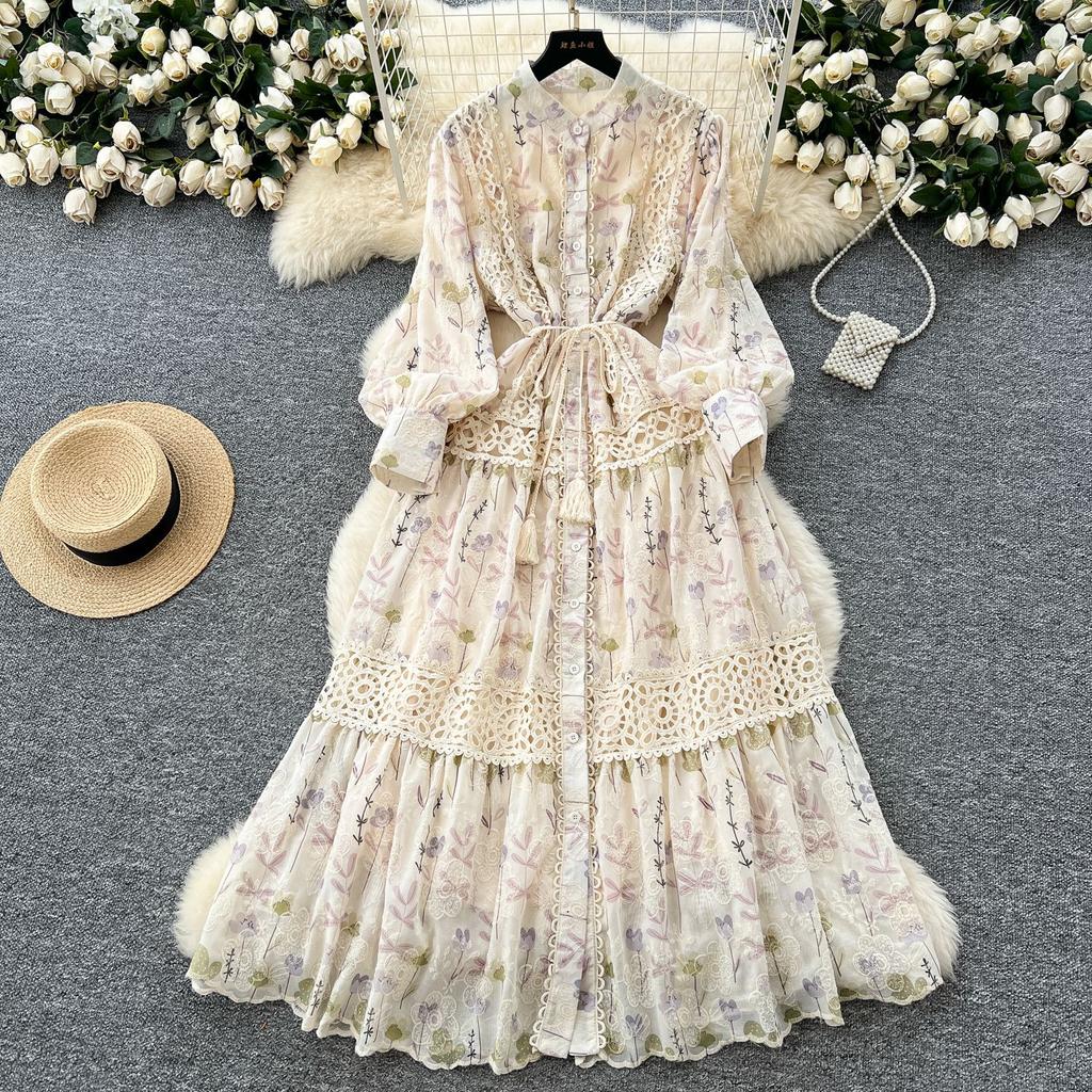 Court style niche high-end lace splicing waist dress female French slim print embroidery fairy dress