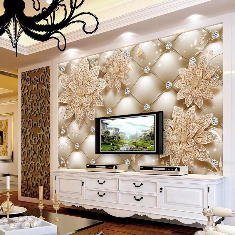 European Style 3d Wallpaper Flower Diamond Jewelry Mural Living Room Sofa Tv Background Wallpaper Home Decor
