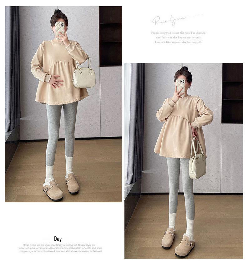 Maternity Korean Style Two-Piece: Color-Reducing, Age-Reducing Baby Doll Shirt & Long-Sleeved Sweatshirt - Plus Size, Slimming, Cover Belly.