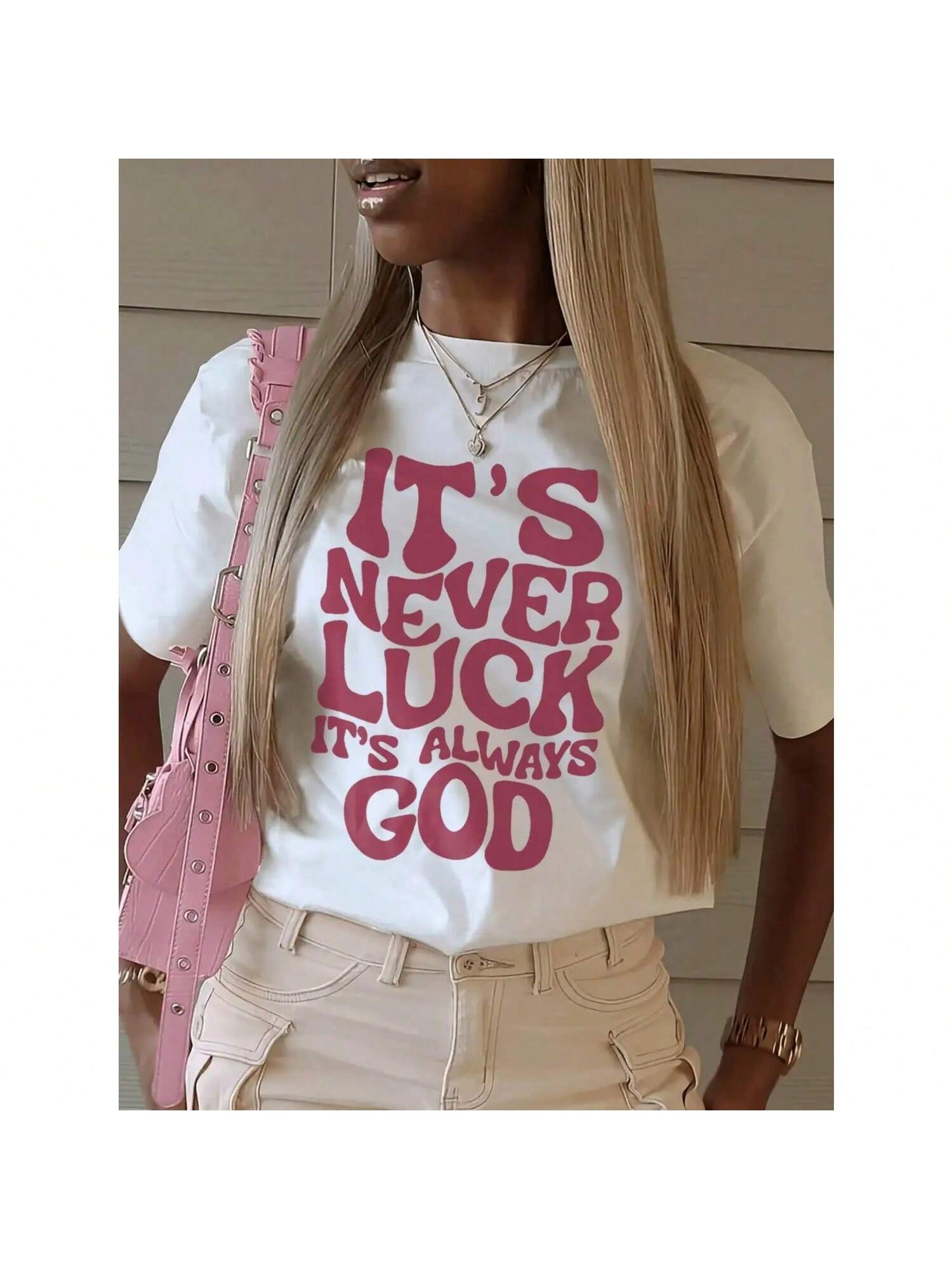 It S Never Luck It S Always God Pink Letter Design Wounisexs T Shirts Cotton Casual T Shirt Summer O-Neck Streetwear Soft Loose Top S разноцветный