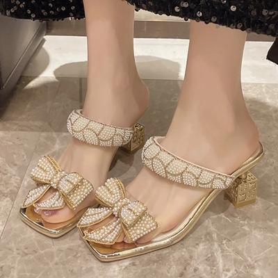 Fashion Ladies Shoes 2024 Fashion Slingbacks Women Slippers Summer Square Toe Sequin Bow Dress Chunky Heels Large Size Slippers Zapatos