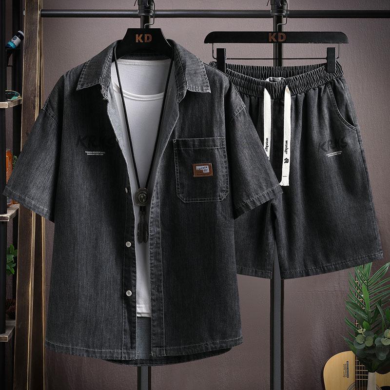 Men's Harajuku Denim Short Sleeve Shirt and Shorts Set 811