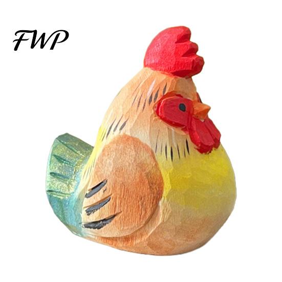 Non-toxic Wooden Figurine Hand-Carved Rooster Farmhouse Chicken Sculptures Rustic Animal Statue Natural Solid Wood Ornament for Home Shelf Desk