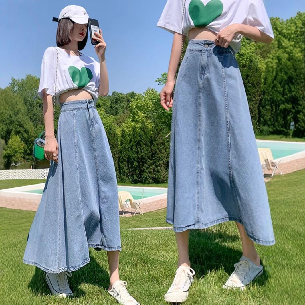 

2025 Women s High Waist Slimming Midi Denim A-Line Skirt for Spring/Summer S: 75-90 lbs
