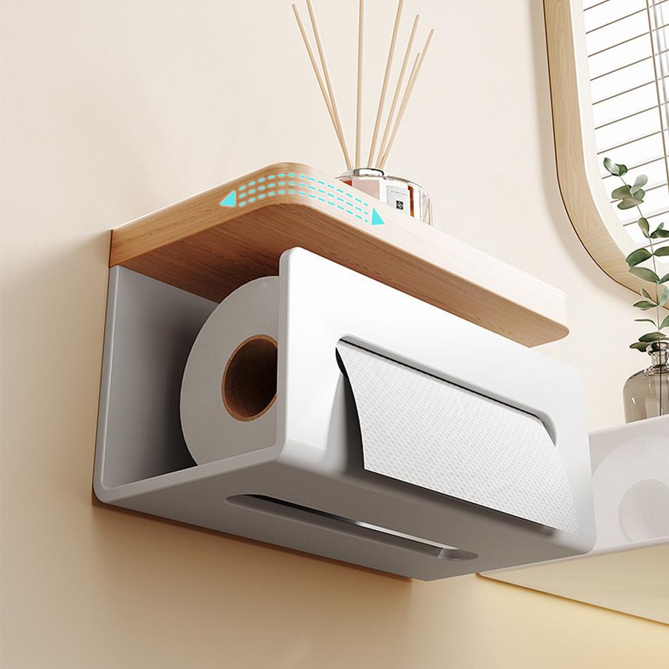 Paper Holder with Shelf Solid Wood Black White Aluminum Creative Kitchen Bathroom Toliet Paper Rack Storage Tissue Drawer Box