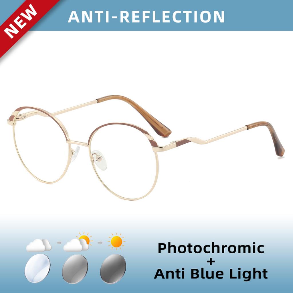 EYORA Fashion Metal Round Full Rim Reading Glasses Anti Blue Ray Myopia and Hyperopia Photochromic Prescription Eyewear Lens