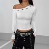Women Solid One Shoulder Long Sleeve Cropped Tight Casual T Shirt