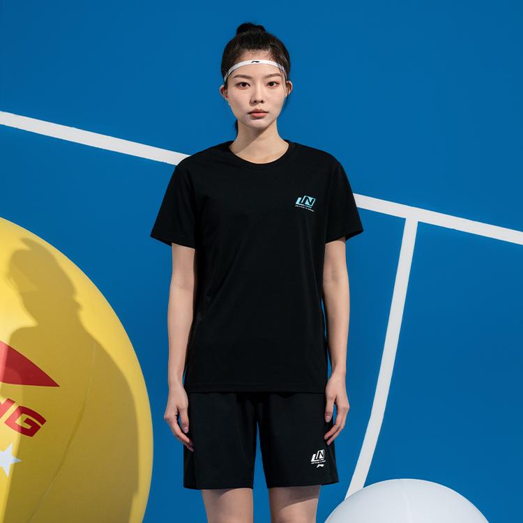 Li Ning College Style Solid Color Breathable Cool Short Sleeve Dirt Resistant Shorts Casual Sports Set Unisex Sets Black ATSV607-1+AKSV675-1