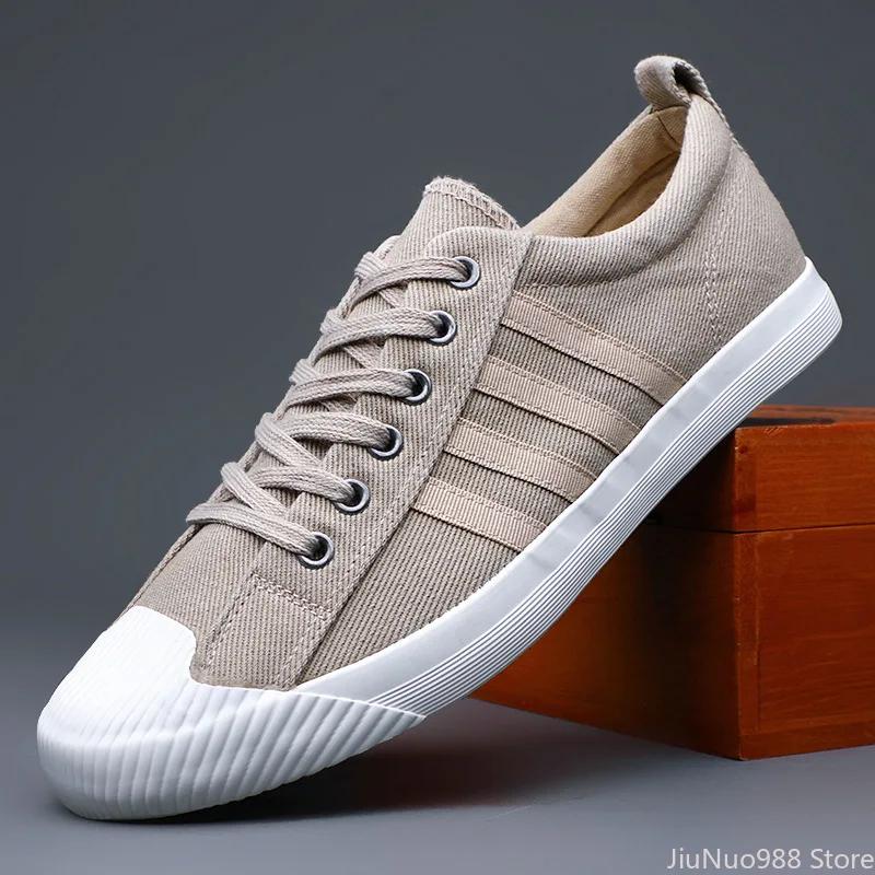 New Shoes for Men Canvas Casual Shoes Spring Summer Striped Flat Skateboard Shoes Youth Lace-up Sneakers