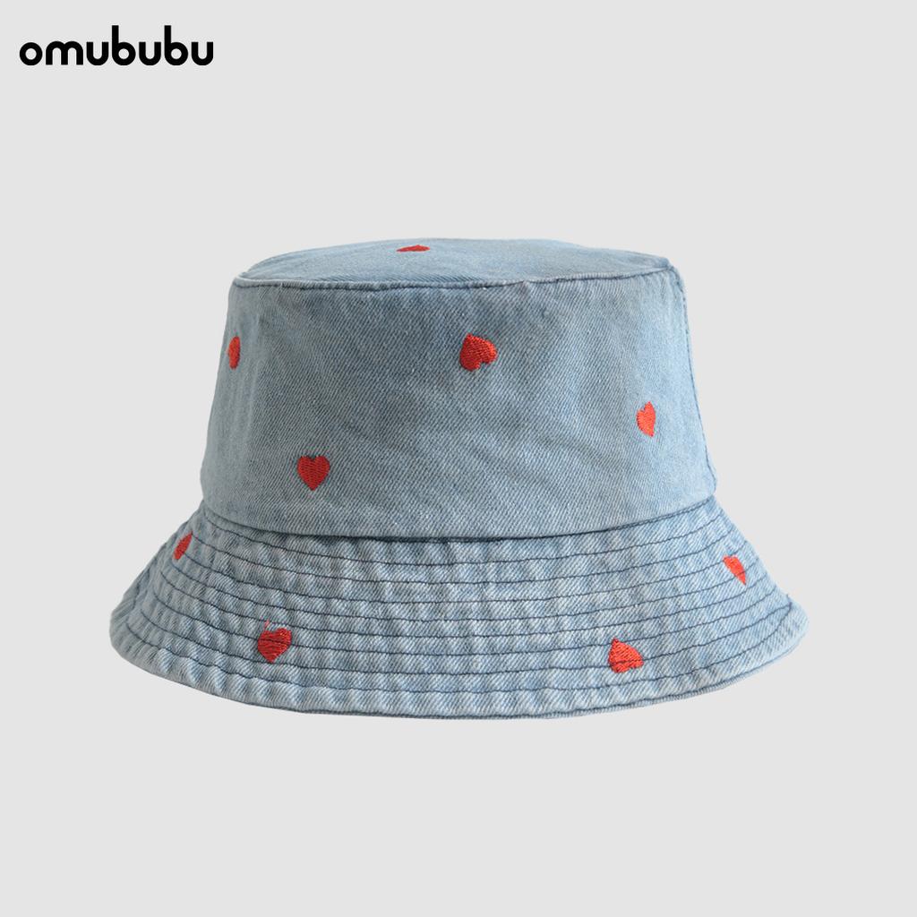 Red heart embroidered denim bucket hat female Harajuku retro Hong Kong wind basin hat spring and summer sun hat bucket hat