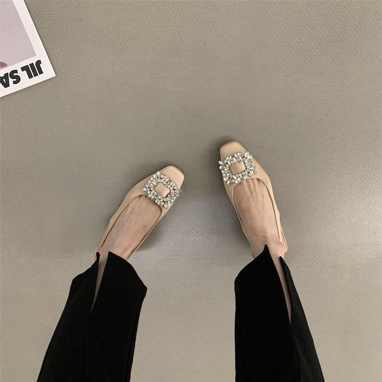 High Heel Sandals Thick Heeled Women's 2024 Summer New Square Button Rhinestone Fairy Style French Square Toe Single Shoes