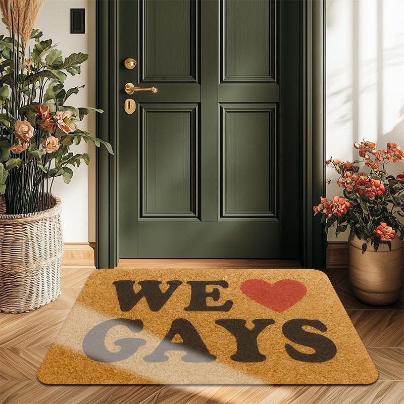 We Love Gays Pride Text Doormat, Colorful Heart Non-Slip Entryway Rug, Durable Washable Floor Mat for Home and Patio Decor