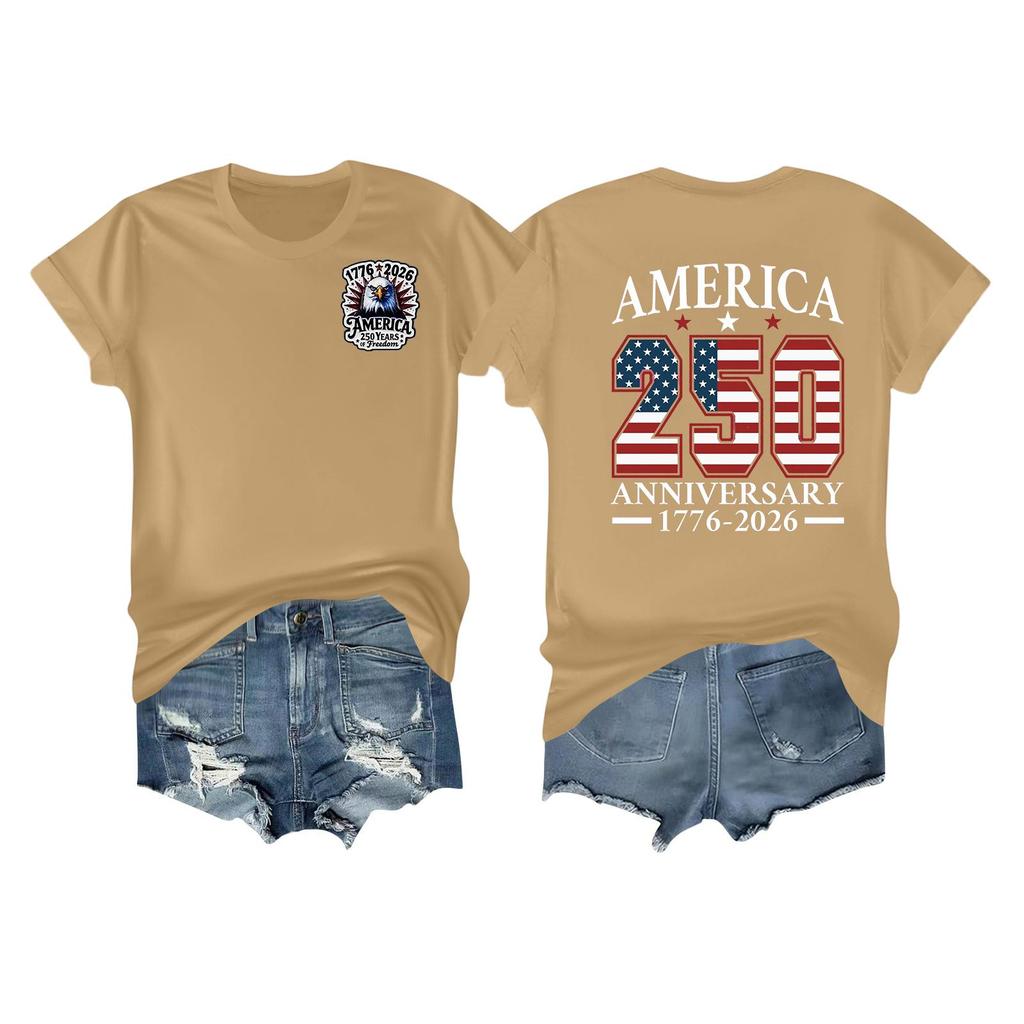 Women's Casual Independence Day 250 Anniversary Printed T-shirt Round Neck Pullover Short Sleeve Top