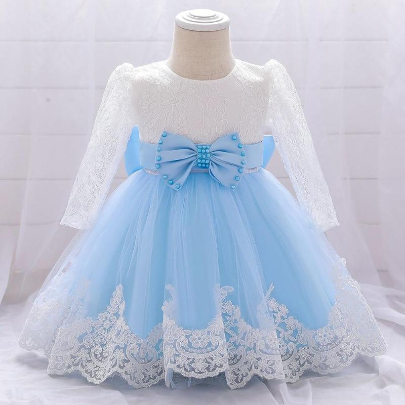 Vestidos para meninas, vestidos de festa e casamento para meninas recém-nascidas, manga comprida, vestidos de renda com laço grande, vestido de princesa para primeiro aniversário de menina