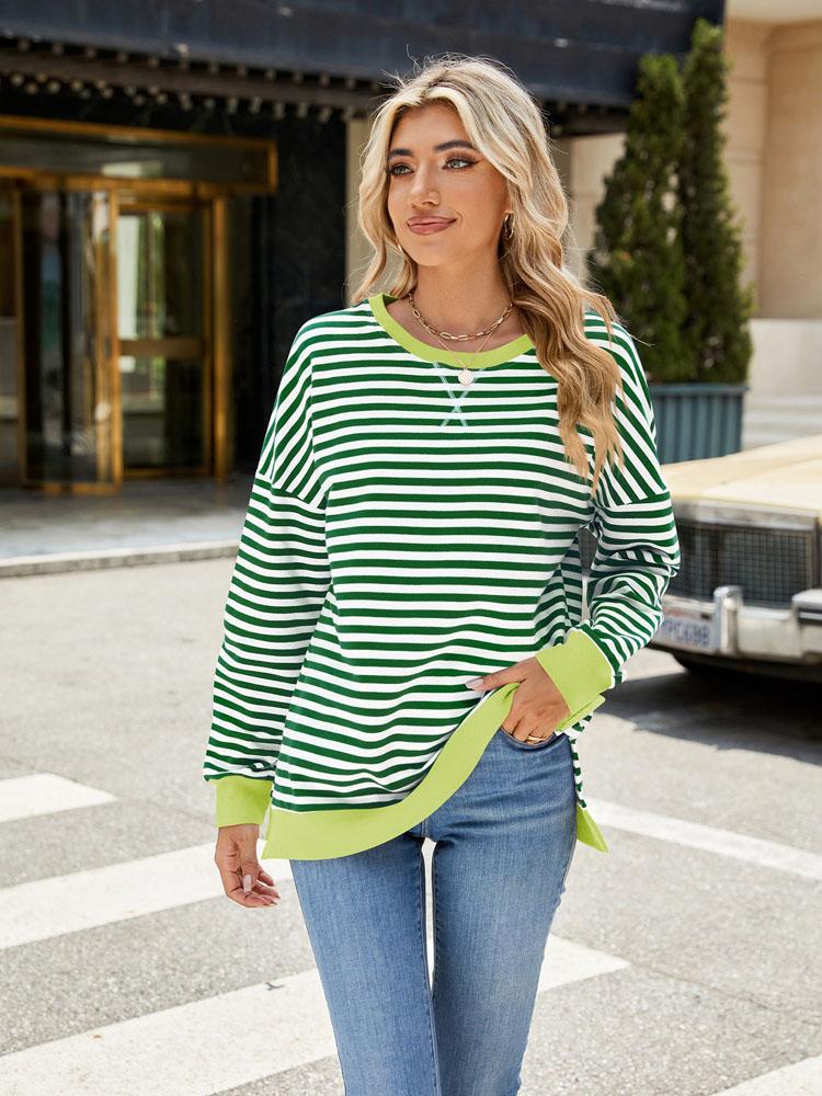 Elegant and Fashionable Autumn and Winter Comfortable Round Neck Striped Splicing Open Loose Long-sleeved Sweater Jacket Pullover Shirt Hoodies