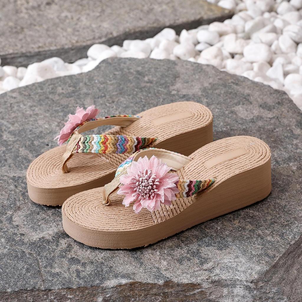 Ethnic Style Imitation Hemp Rope Travel Hemp Sole Sandals Korean Tide Outer Wear Flower Flip-flops Beach High Heels Pinch Feet Women's Slippers