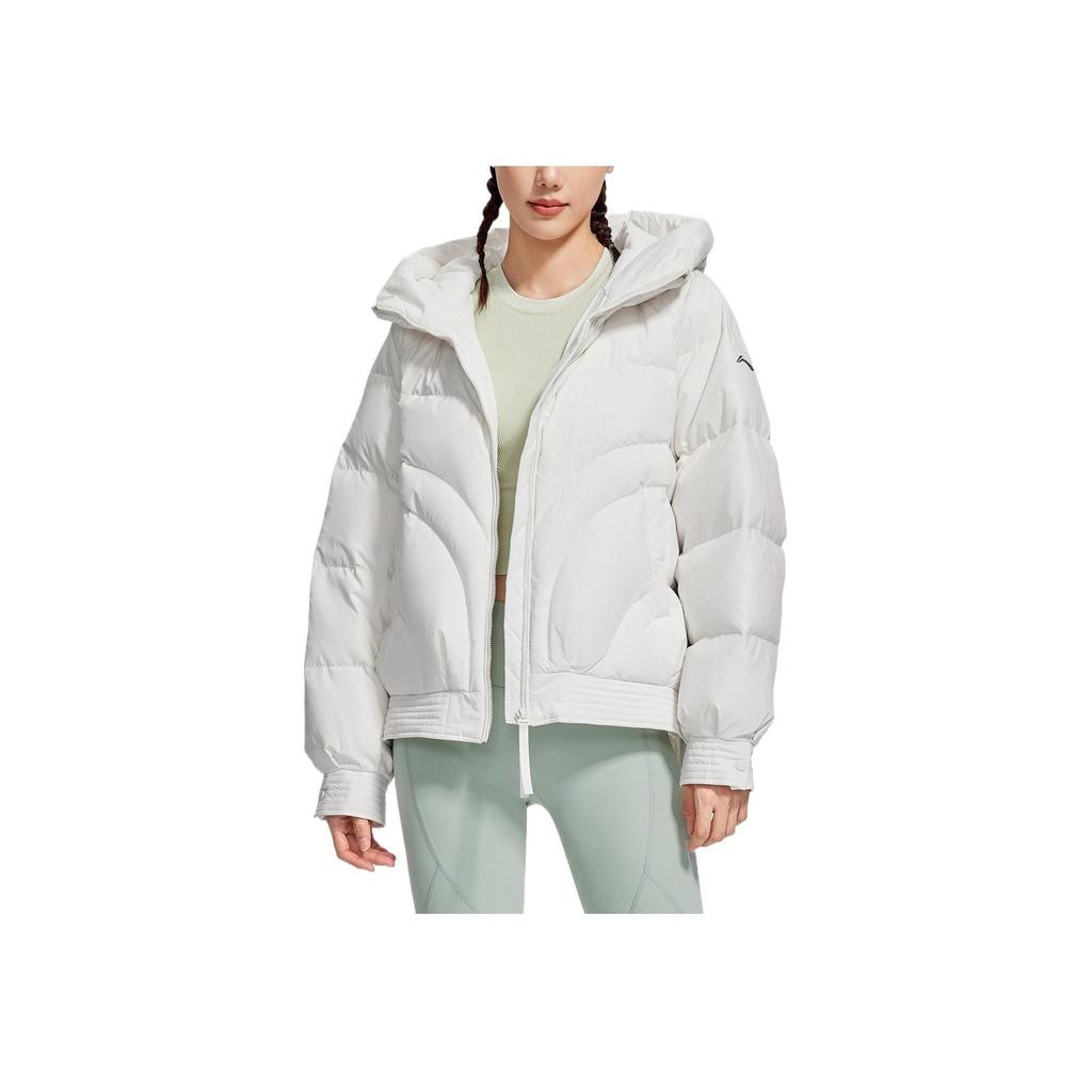 Lining Fitness Series Solid Color Logo Zip-Up Hooded Down Jacket Women Jackets White AYMS030-1