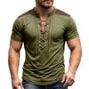 Men's Vintage V-Neck Shirt with Button Placket Short Sleeve Casual Summer Top