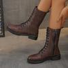 Women'S Fashion Chunky Single Boots Autumn New Round Front Lace-Up Side Zipper Soft Sole Non-Slip Mid-Calf Boots