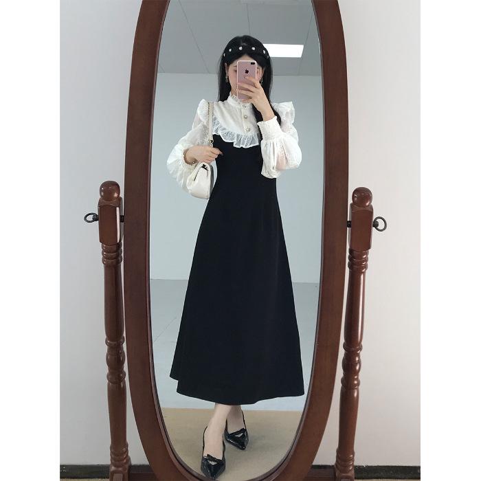 

Elegant French Two-Piece Lace Patchwork Dress - Autumn Style, Waist-Cinched, Ruffled Long Dress for Women X-Large чёрный