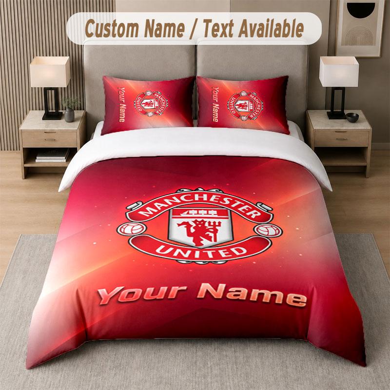 Juego de Cama Personalizado Patrón Manchester United, Estampa Nombre Texto 1 Funda Nórdica más 2 Fundas de Almohada Textil para el Hogar
