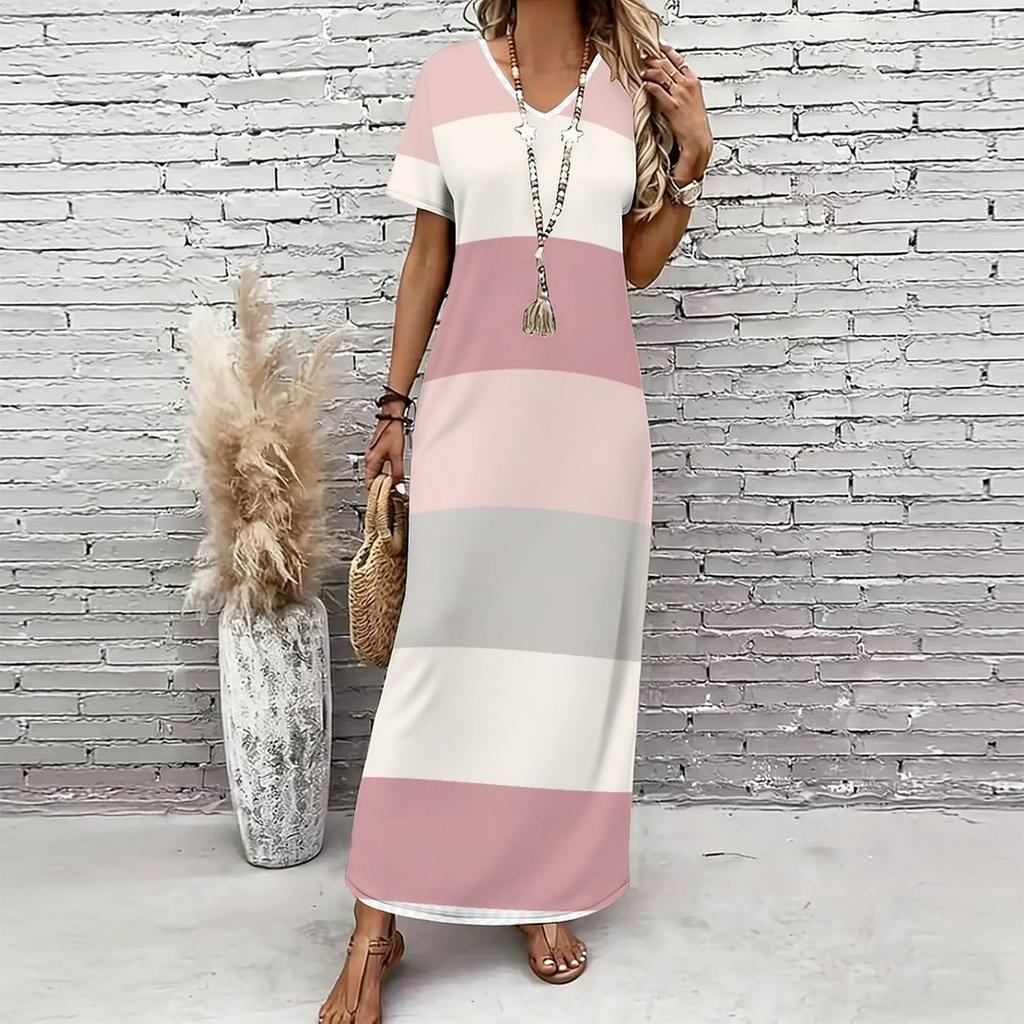 Women Plus Size V Neck Short Sleeve Printed Straight Long Dress