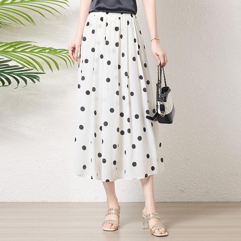 Polka dot printed white silk skirt women's  new loose tendon waist mulberry silk skirt