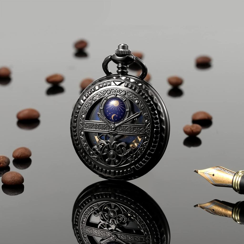 TREEWETO Mechanical Pocket Roman Moon and Sun with Chain and Gift Watch, Black, Numerals, Design, Box.