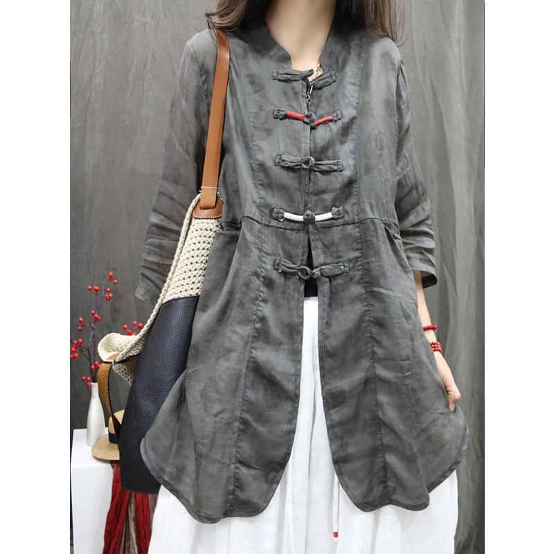 Retro Loose Zen Seven-Sleeve Summer Jacket with Artistic Frog Button XL