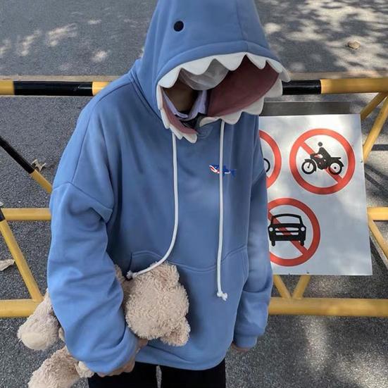 Fun Shark Patch Hooded Sweater Cozy And Stylish Sporty Casual Loose Trendy Couple's Pullover for Autumn