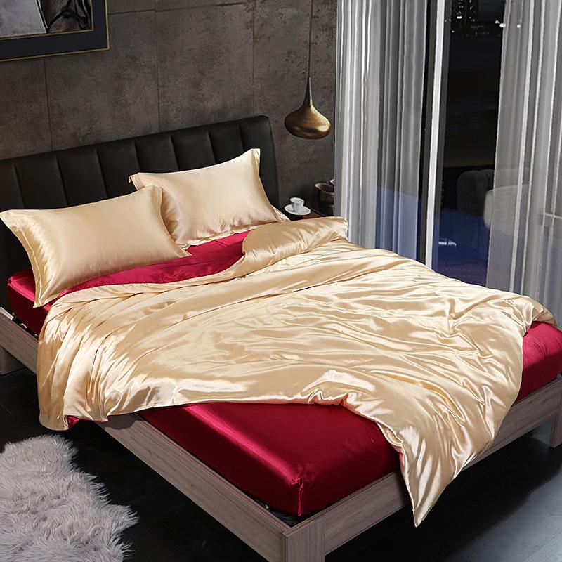 European Solid Color Mulberry Silk Bedding Sets Ice Silk Satin Cooling Bedclothes High Quality Skin-Friendly Smooth Duvet Kit