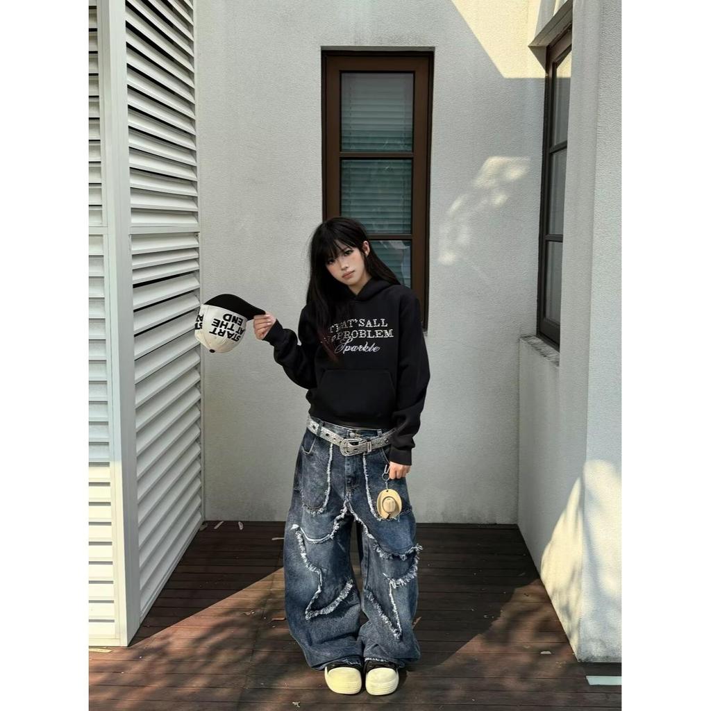 Distressed Retro Ripped Jeans im Wasteland-Stil: Damen Locker fallende Straight-Leg Wide Pants für den Herbst