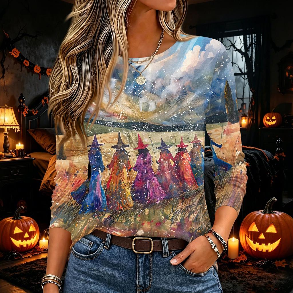 Women's Halloween Print Long Sleeve Neck Pullover Top