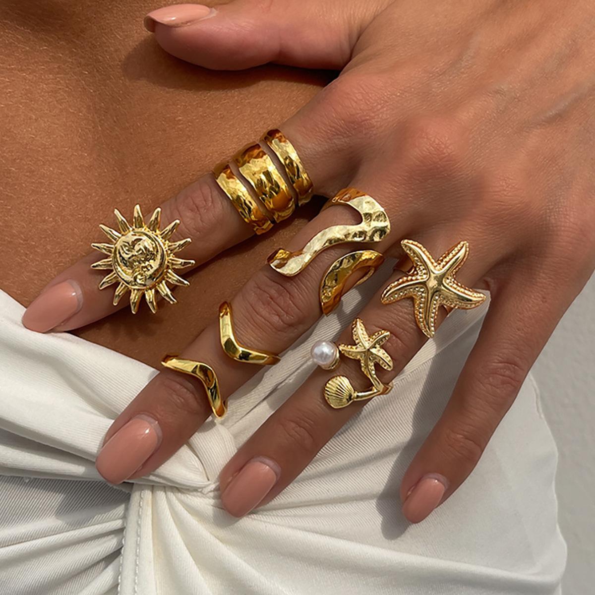 Ocean Style Ring Irregular Liquid Line Metal Open Ring Retro Starfish Ring one size(US size 6-13)