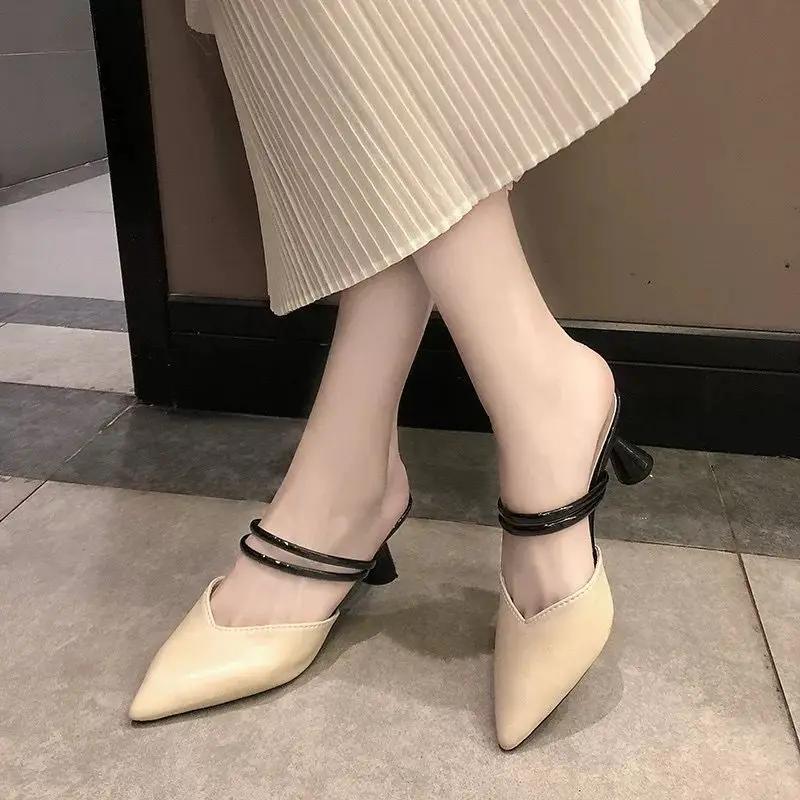 Elegant Women Heeled Shoes Luxury Heel Shoe Striped Black Summer Women Sandals Fashion Designer Summer New 2026 High Slippers