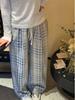 Korean-Style Light Blue Plaid Wide-Leg Pants for Women - Slimming, Elastic Waist, Casual Fashion