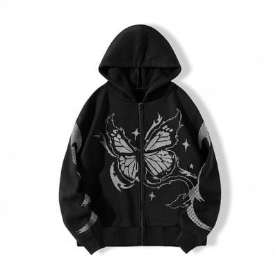 Womens Oversized Hooded Zip-Up Sweatshirt With Butterfly Print Y2K Streetwear Loose Fit Fall Winter