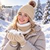 Thermal Fleece Lined Winter Accessories Hat Neck Warmer Gloves Set, Knitted Beanies with Pompom, Touch Warm And Scarf Set Screen Gloves, Knit for Men