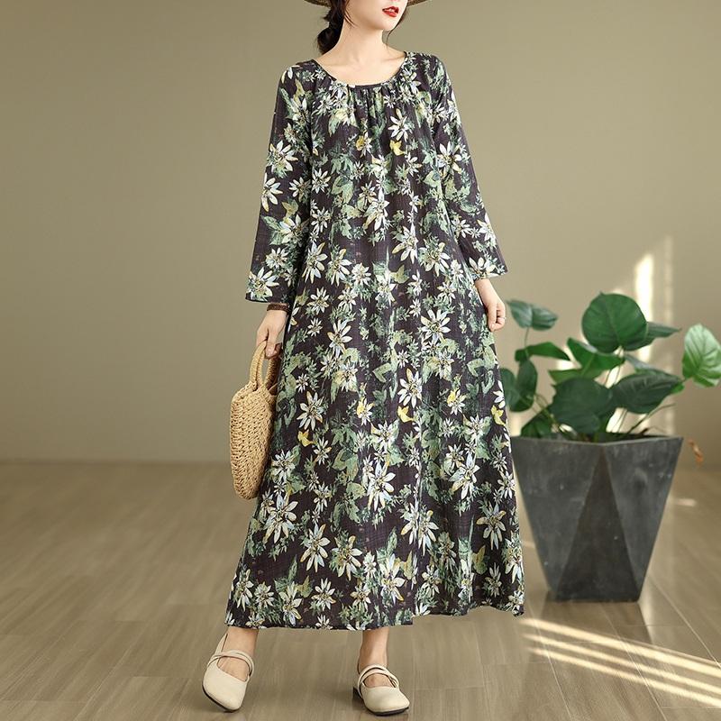 Long sleeve plus size cotton vintage floral new in dresses for women casual loose spring autumn dress